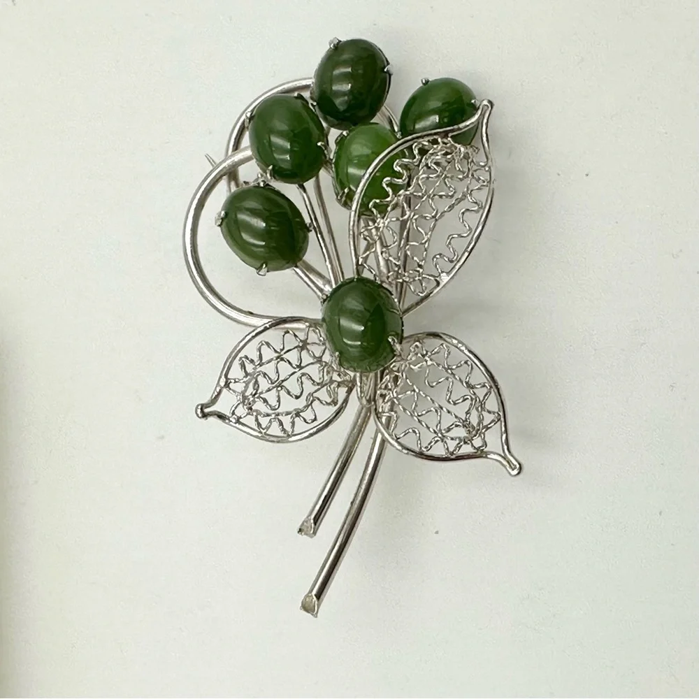 Vintage Genuine Jade Cabochon Leaf Bouquet Brooch Pin